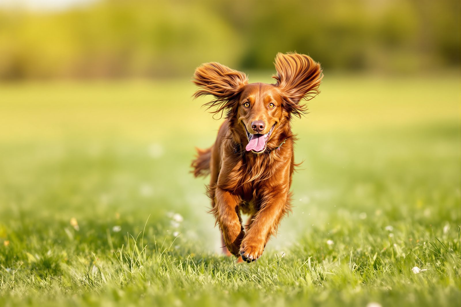 Irish Setter running energetically across an open field