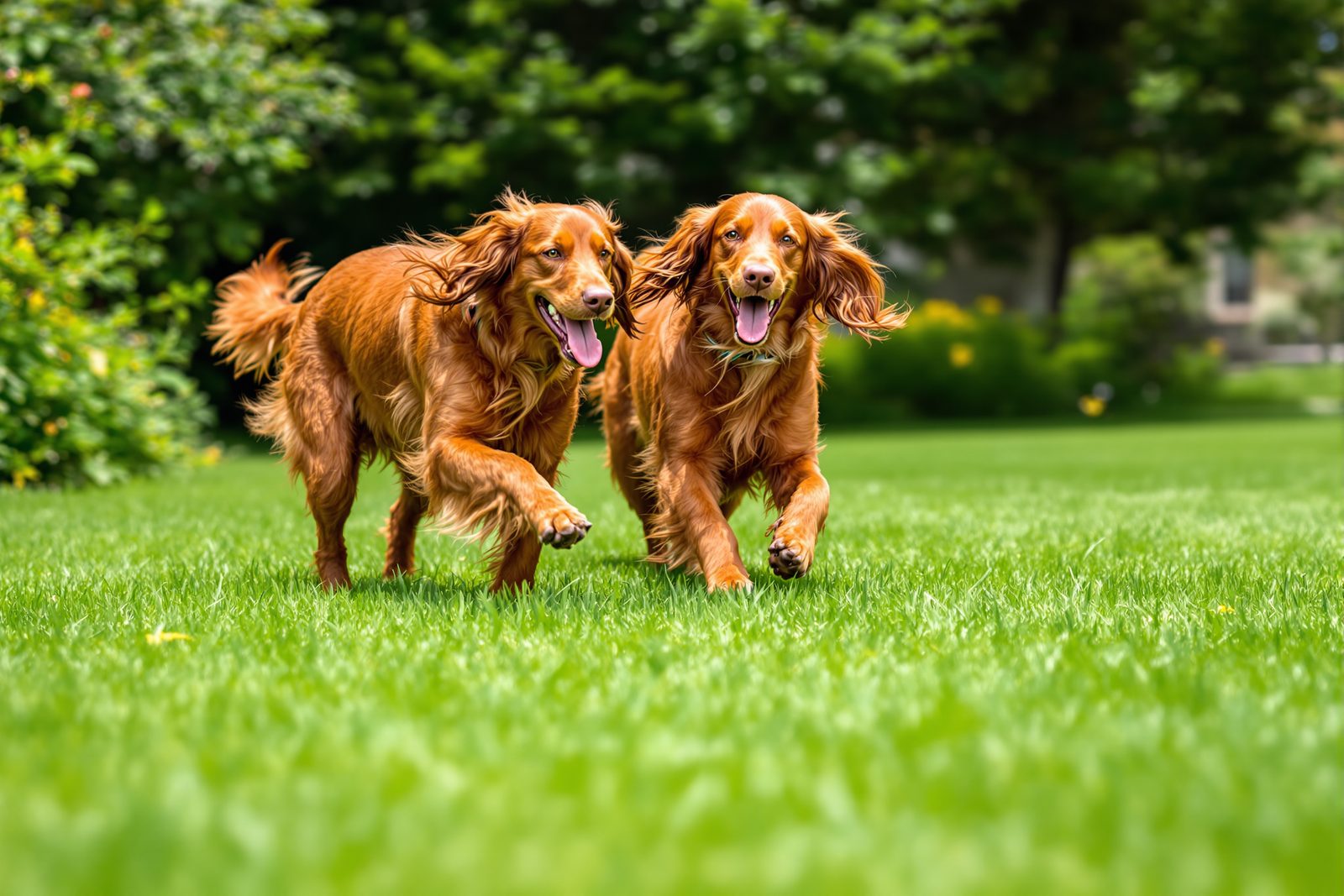 Two Irish Setters playing together in a sunny backyard