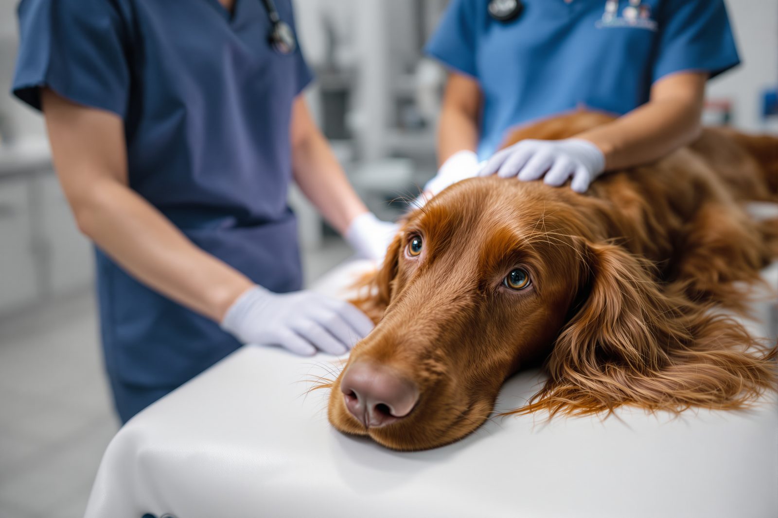 Irish Setter receiving gentle veterinary care