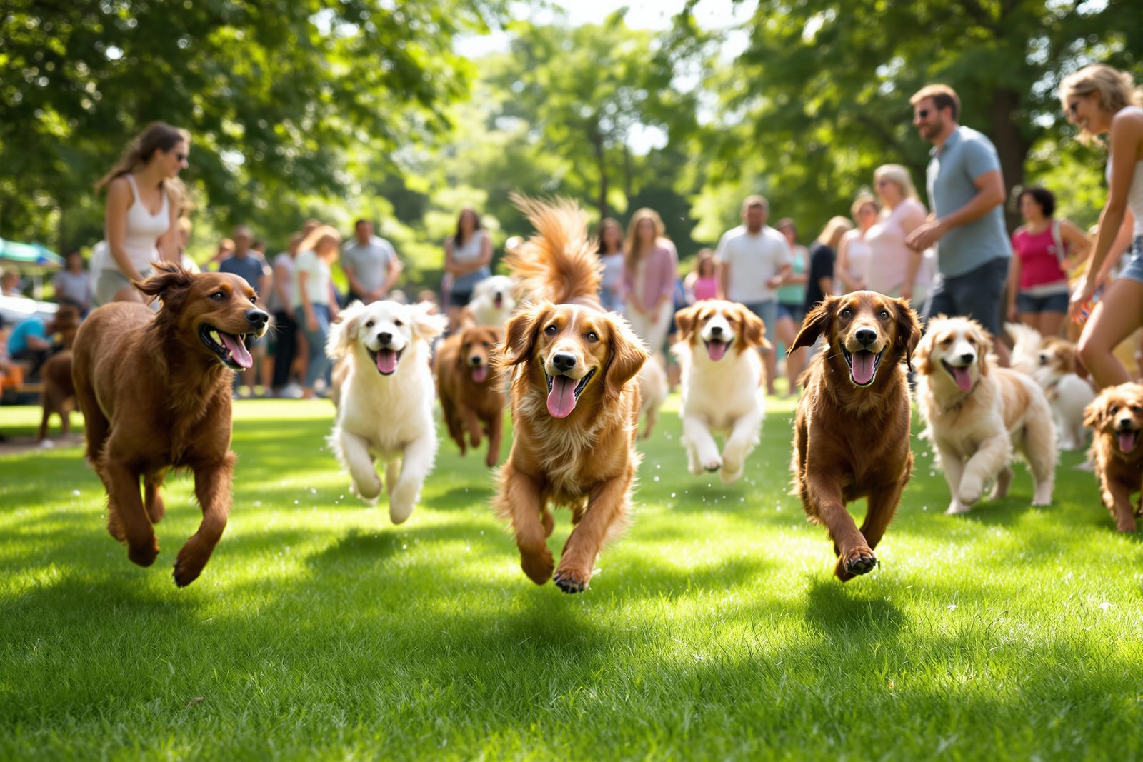 Irish Setters and their owners gathered at an outdoor community event