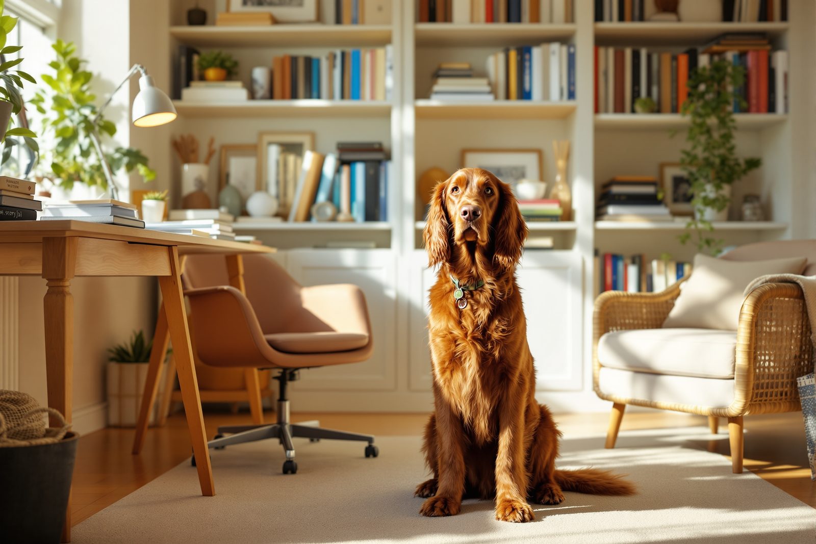 Irish Setter sitting beside its owner in a cozy home setting