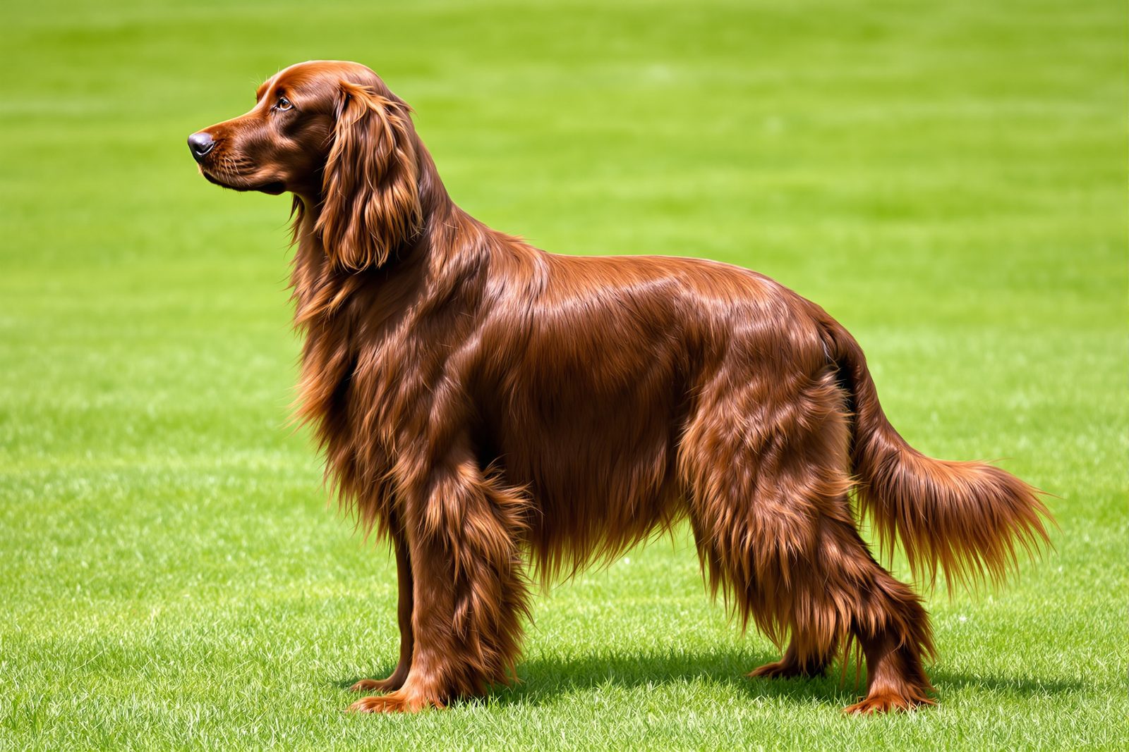 Elegant Irish Setter standing in profile showing its red coat